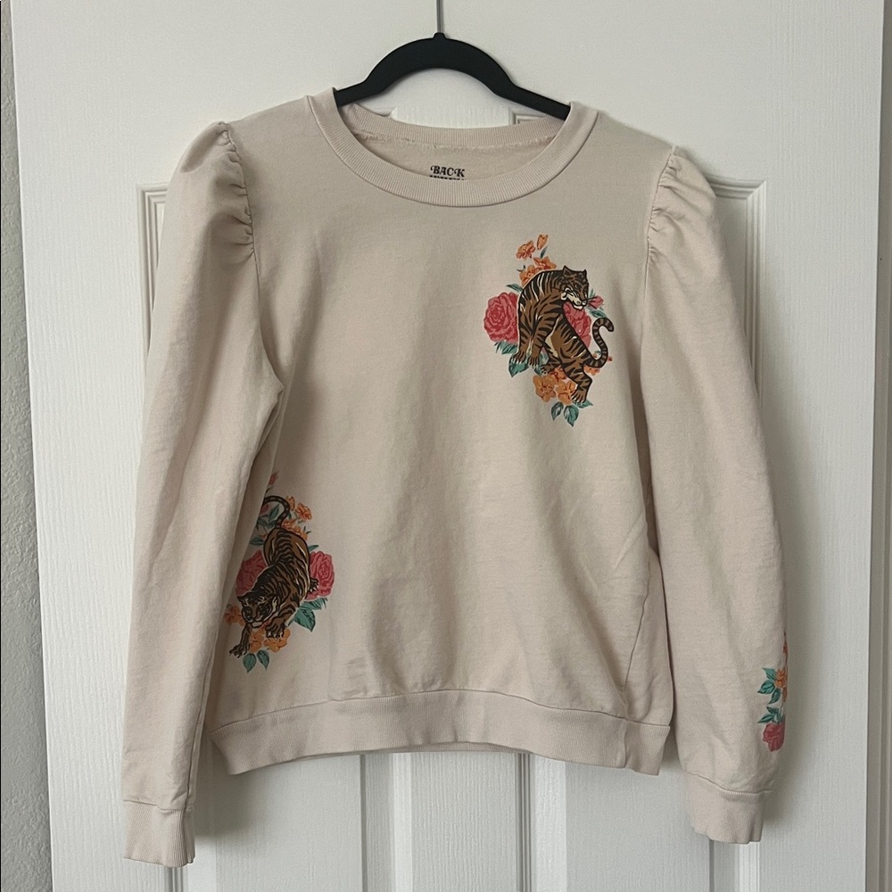 Cream Puff-Sleeve Sweatshirt with Tiger & Rose Embroidery